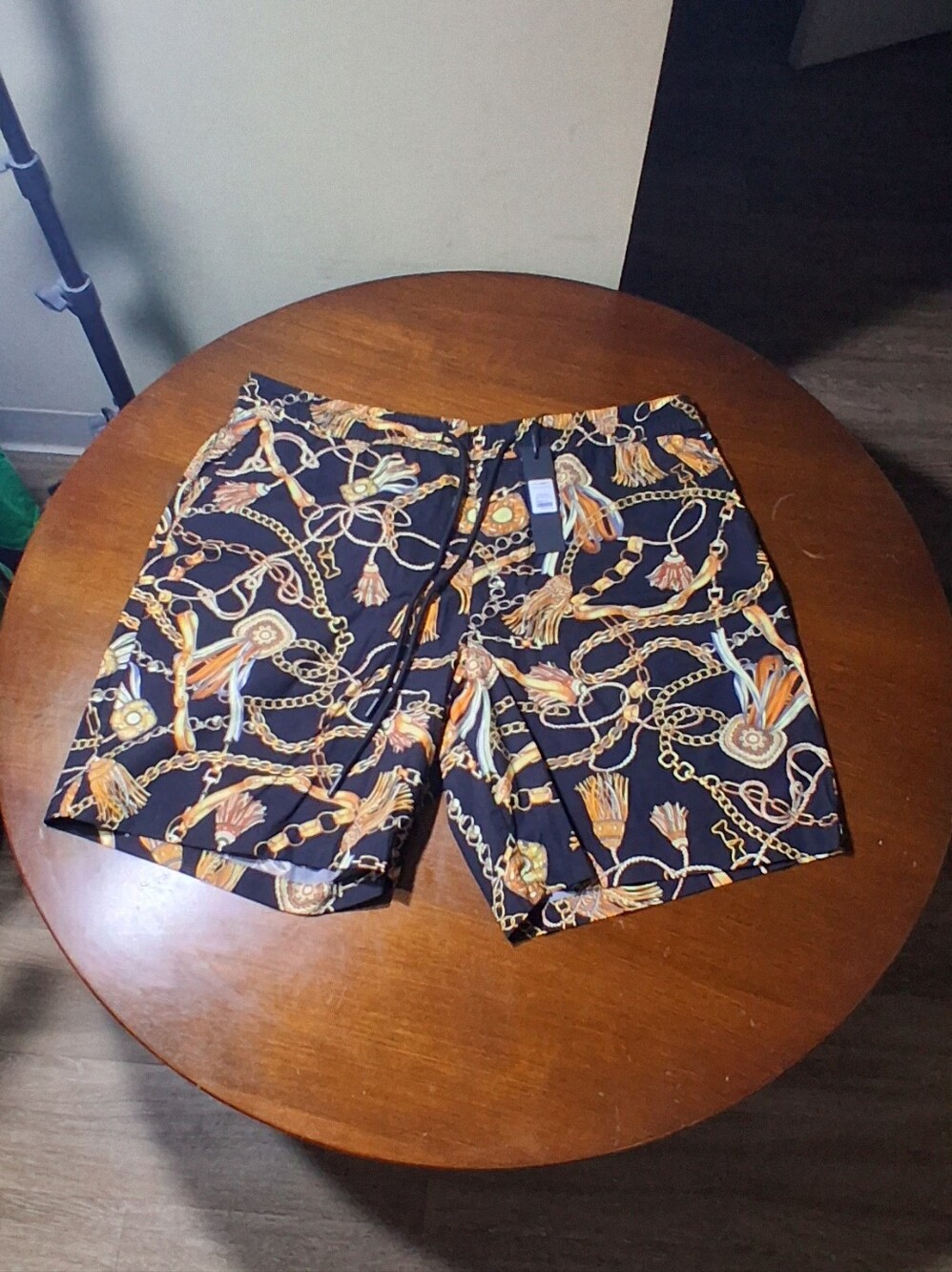 Fashion Nova Men's Black Athletic Shorts with Gold Chain & Tassel Print
